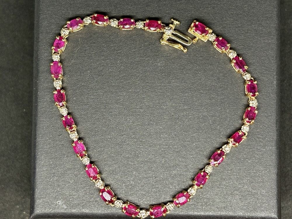 Vtg 14k Gold Natural 2.5CT Ruby Diamond 4.5*2.6mm Oval Lady Tennis Bracelet 7.5g